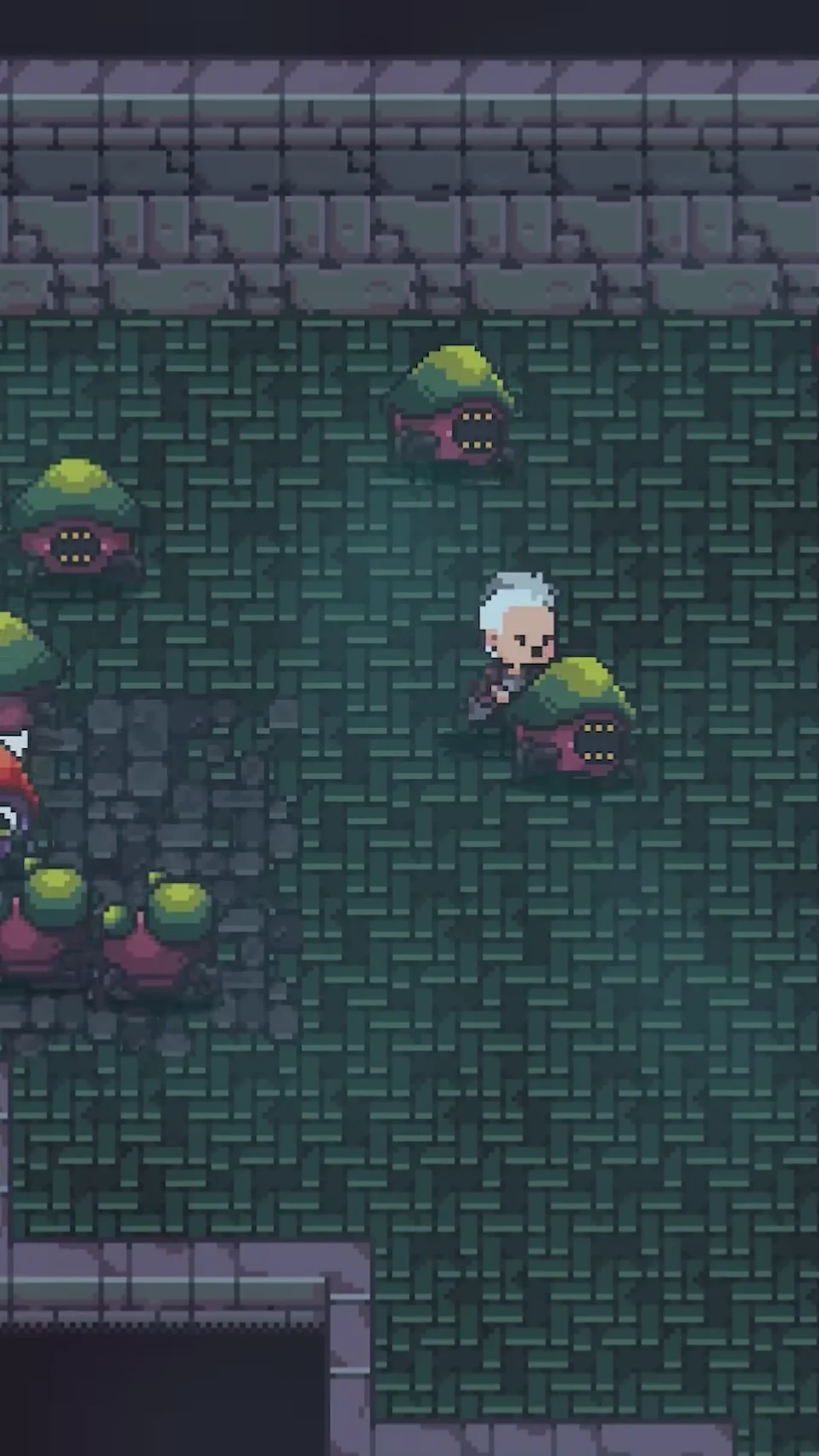Player character in a mossy stone hall surrounded by mushroom enemies