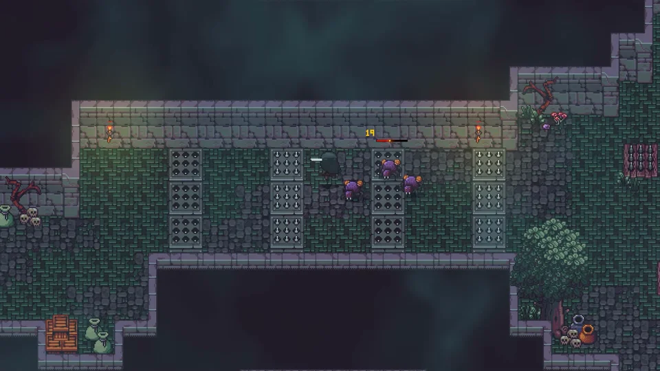 Player striking purple spider enemies with sword attacks over spike floor traps