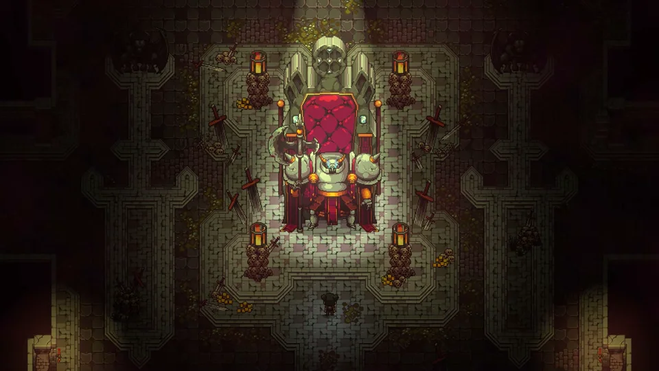 Armored knight boss seated upon a red velvet throne surrounded by swords and torches