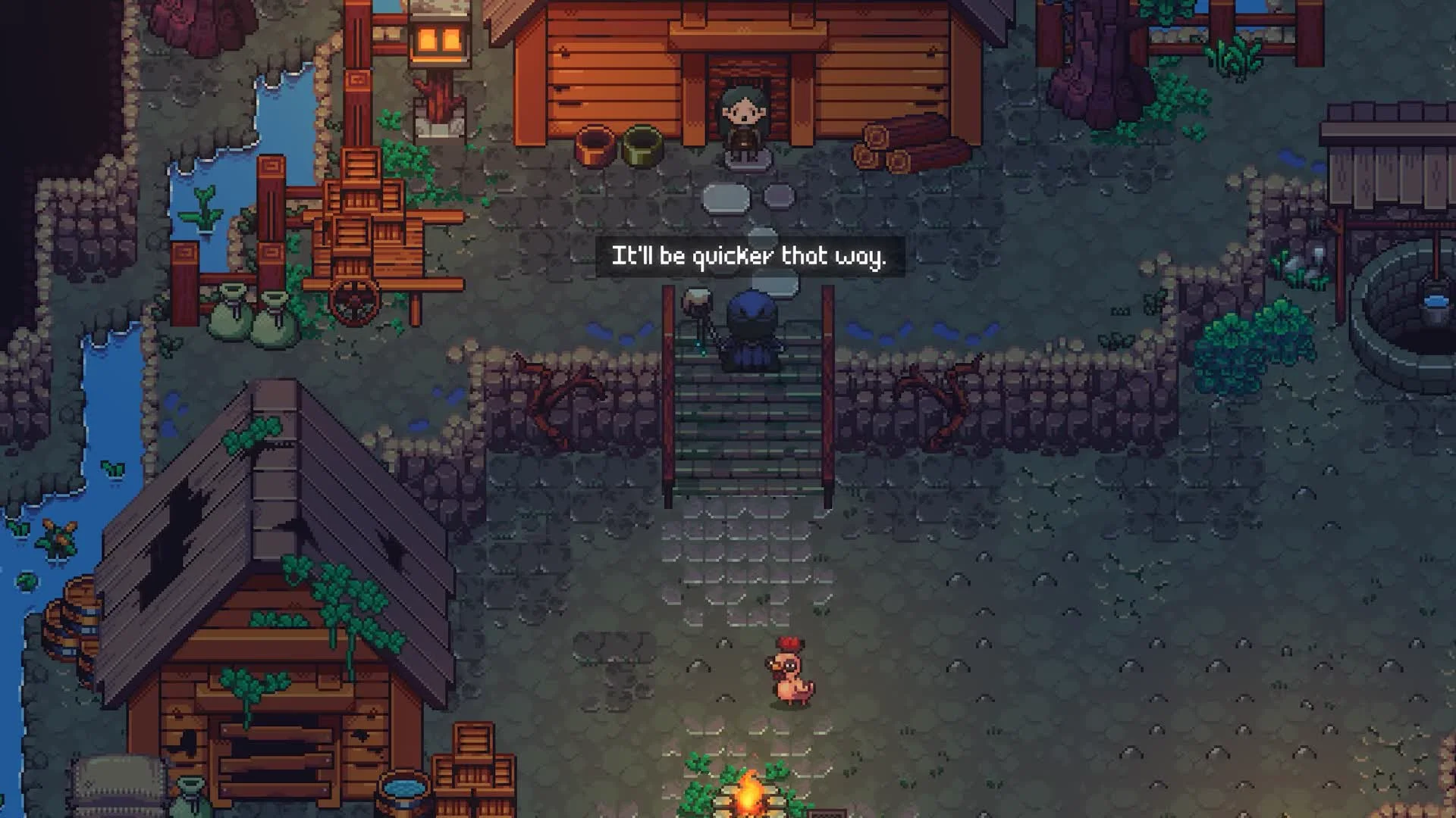 Player outside a wooden house at night with a dialogue line on screen