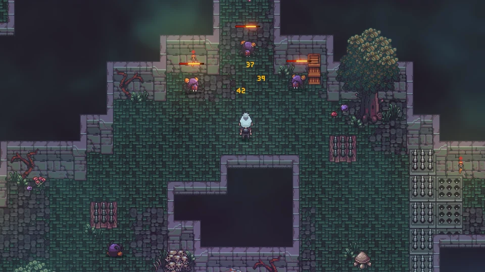 Knight battling enemies in a stone dungeon hall with popping combat damage numbers