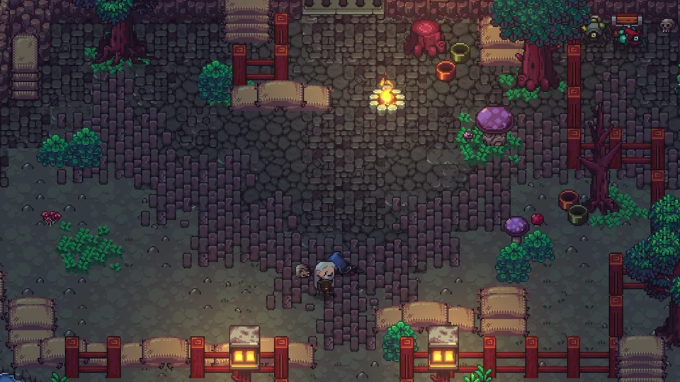 Forest camp at dusk with a campfire, stone perimeter wall, and lanterns