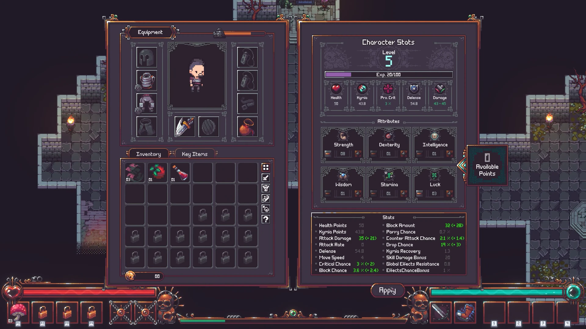 Character equipment inventory and stat attributes menu panels overlaid on game view