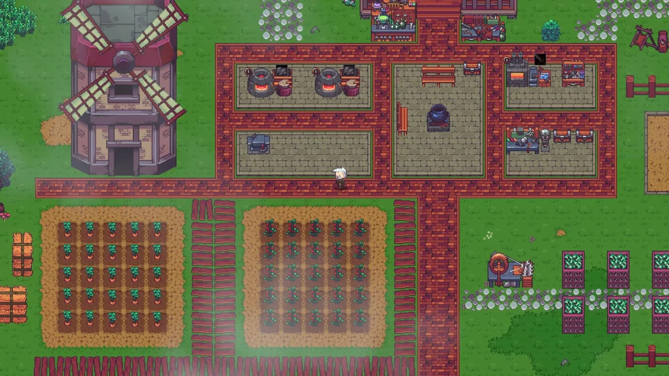 Top-down view of a homestead settlement with a stone windmill, fenced crop plots, and sheep pen