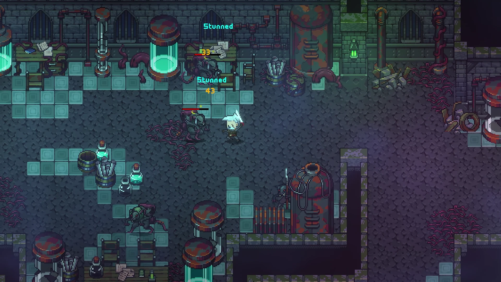 Alchemy workshop interior with green-roofed machinery, potion shelves, and stone arches