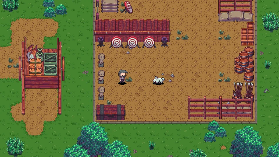 Outdoor homestead with tilled soil plots, pumpkin crops, and a timber barn