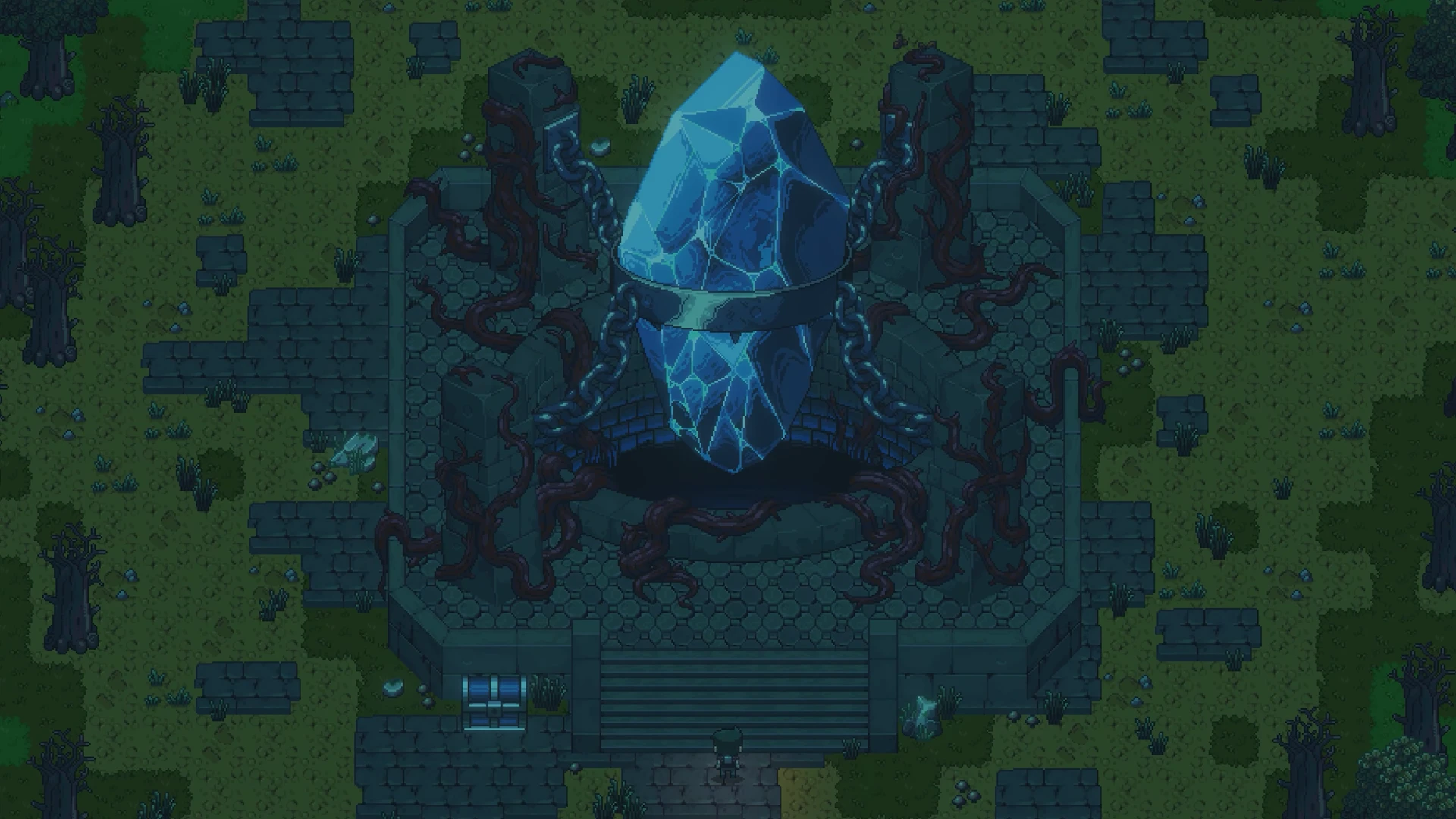 Nighttime forest shrine with a glowing blue crystal statue surrounded by stone pillars
