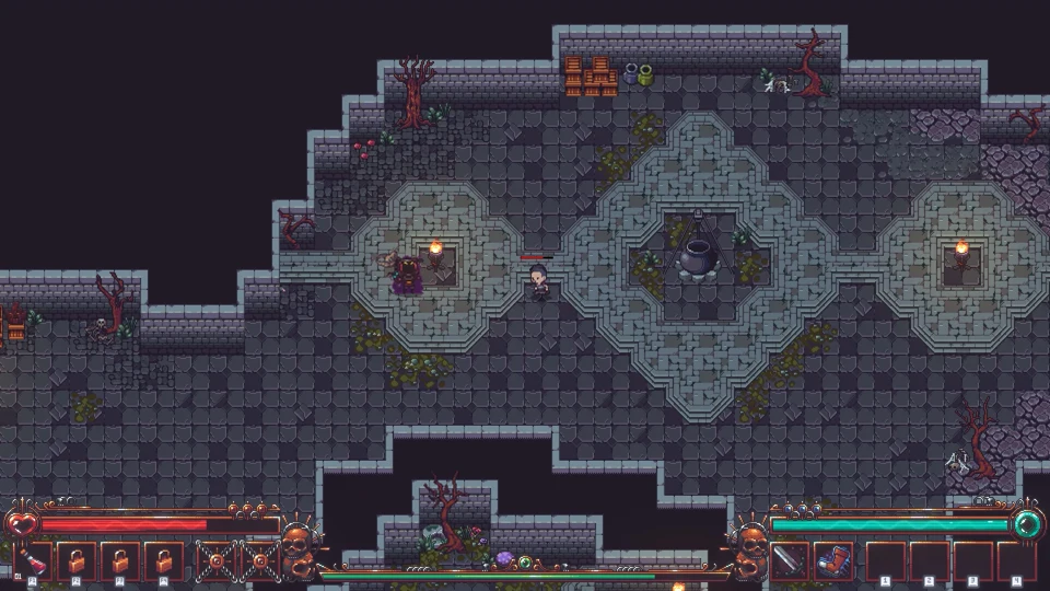 Multi-room stone dungeon floor with mossy brick walls and melee combat
