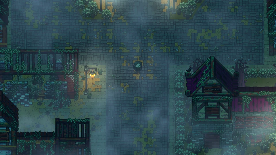 Nighttime evergreen forest clearing beside a dark timber building