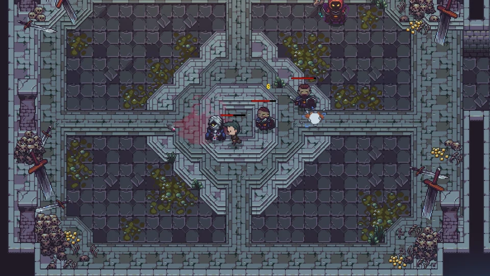 Tiled stone plaza with square pillars, floor grates, and characters in combat