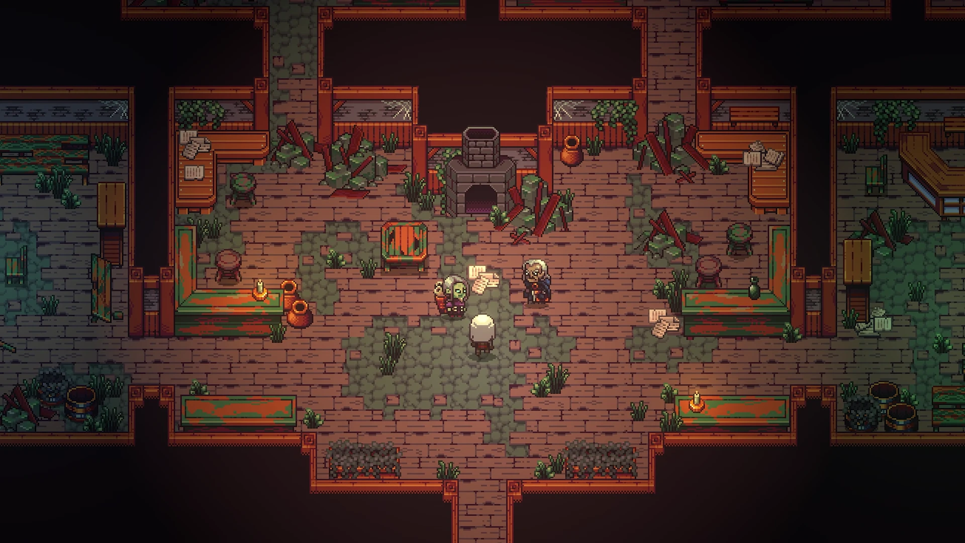 Torch-lit hall with brick floor, a fireplace and several characters