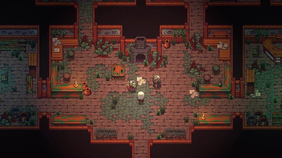 Torch-lit hall with brick floor, a fireplace and several characters