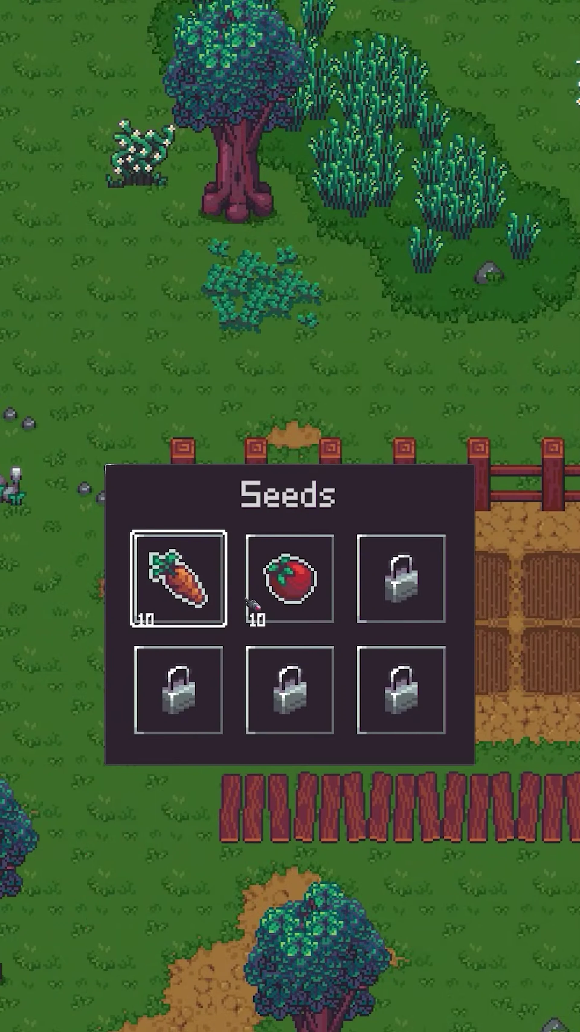 Farming interface showing seed selection radial wheel