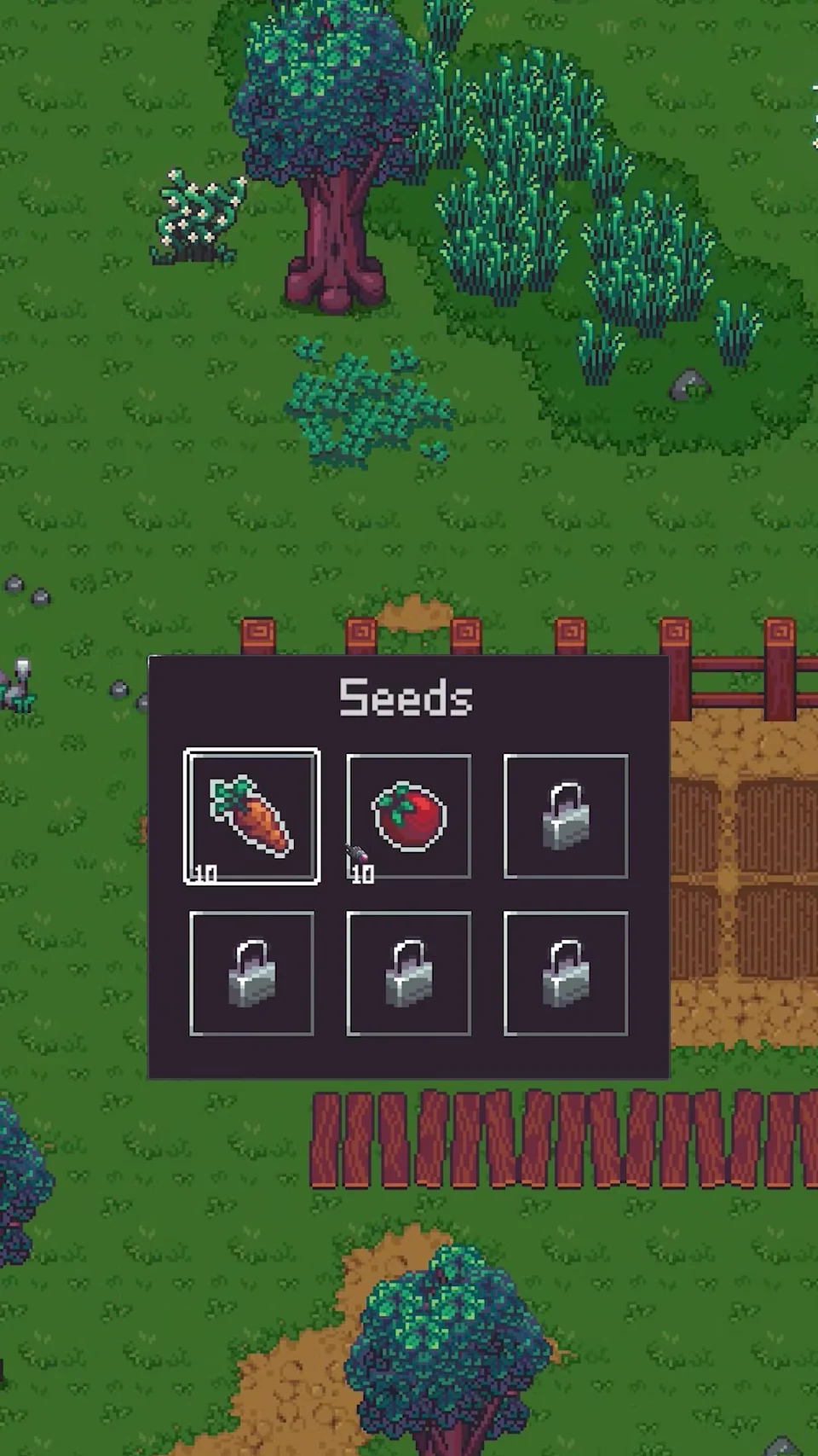 Farming interface showing seed selection radial wheel