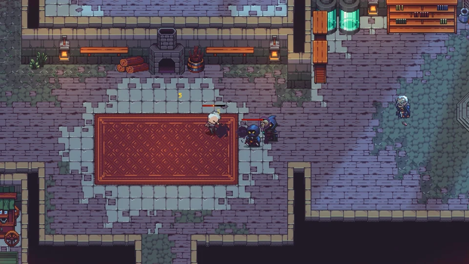 Stone dungeon hall with a red carpet runner, armored knight, and glowing green vats