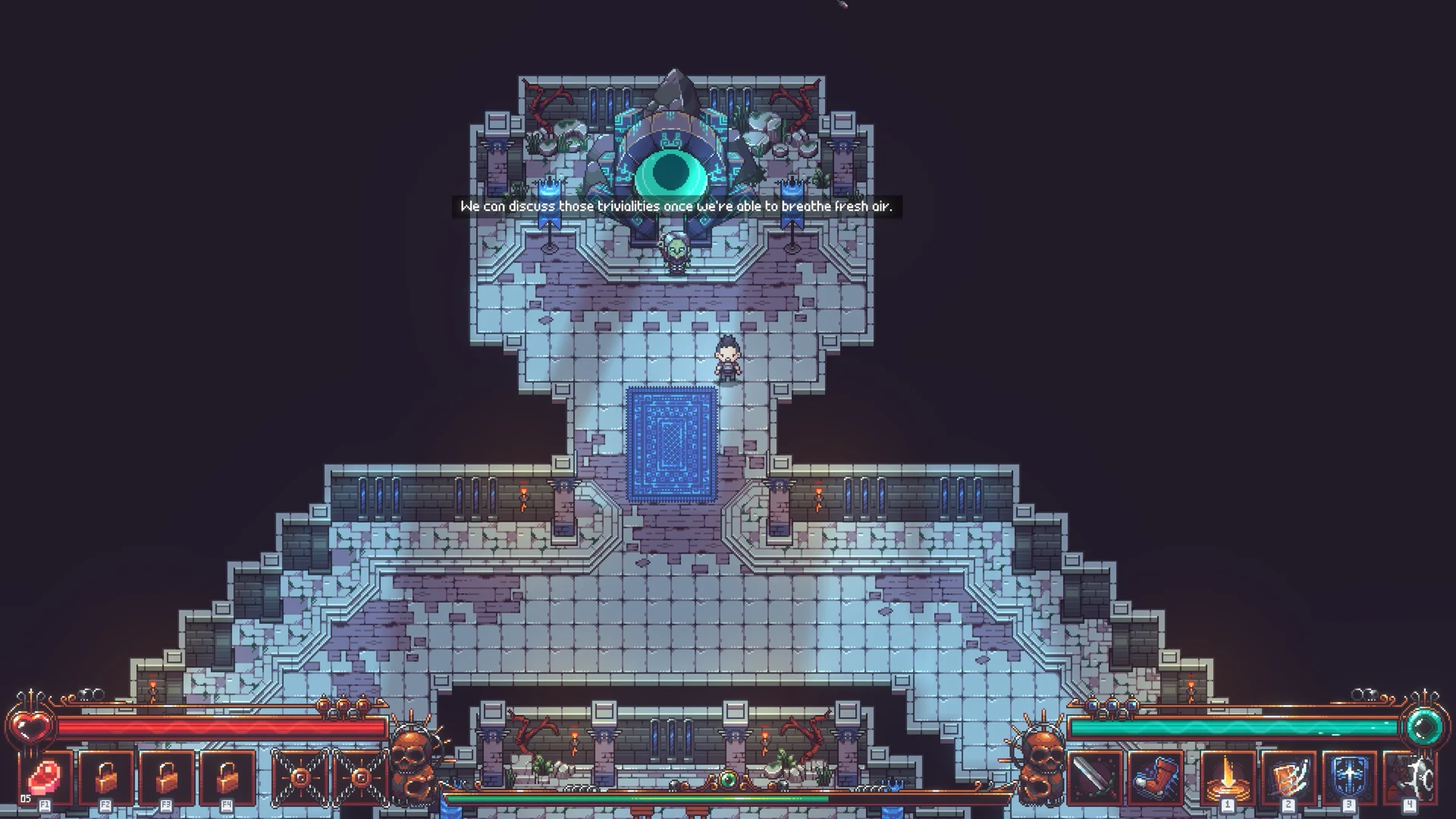 Blue-gray stone temple sanctuary with an eye shrine, central pool, and character dialogue