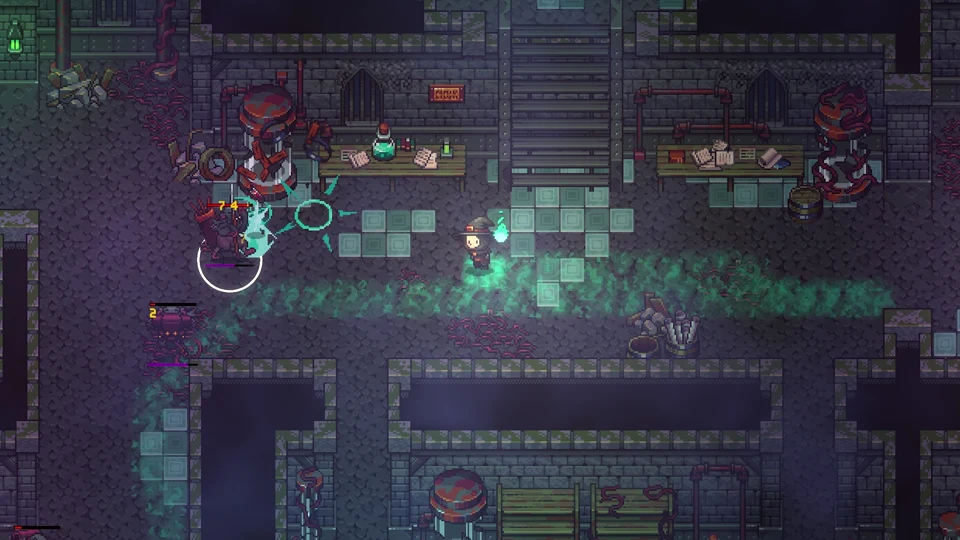 Underground library chamber with bookshelves, chests, and green spell effects