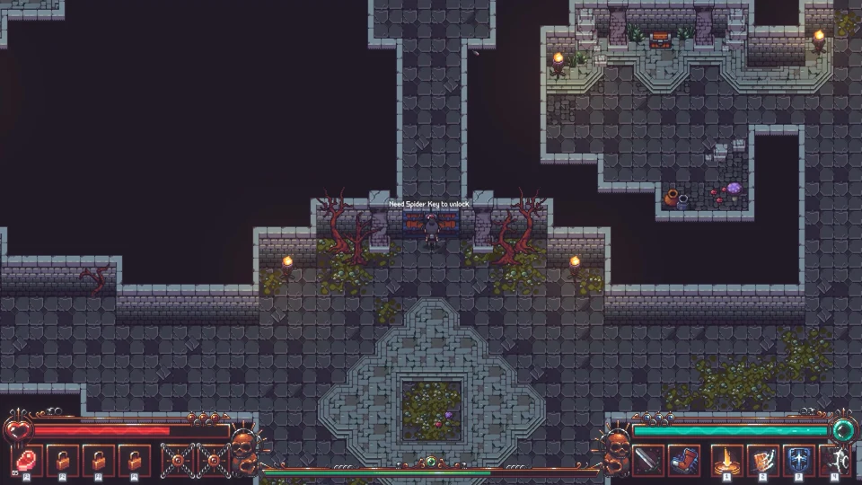 Gray stone brick dungeon maze with spider webs and treasure chests