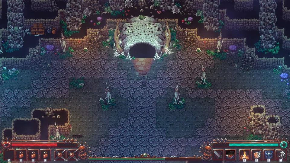 Underground stone cavern featuring a giant carved beast skull doorway with glowing green floor runes