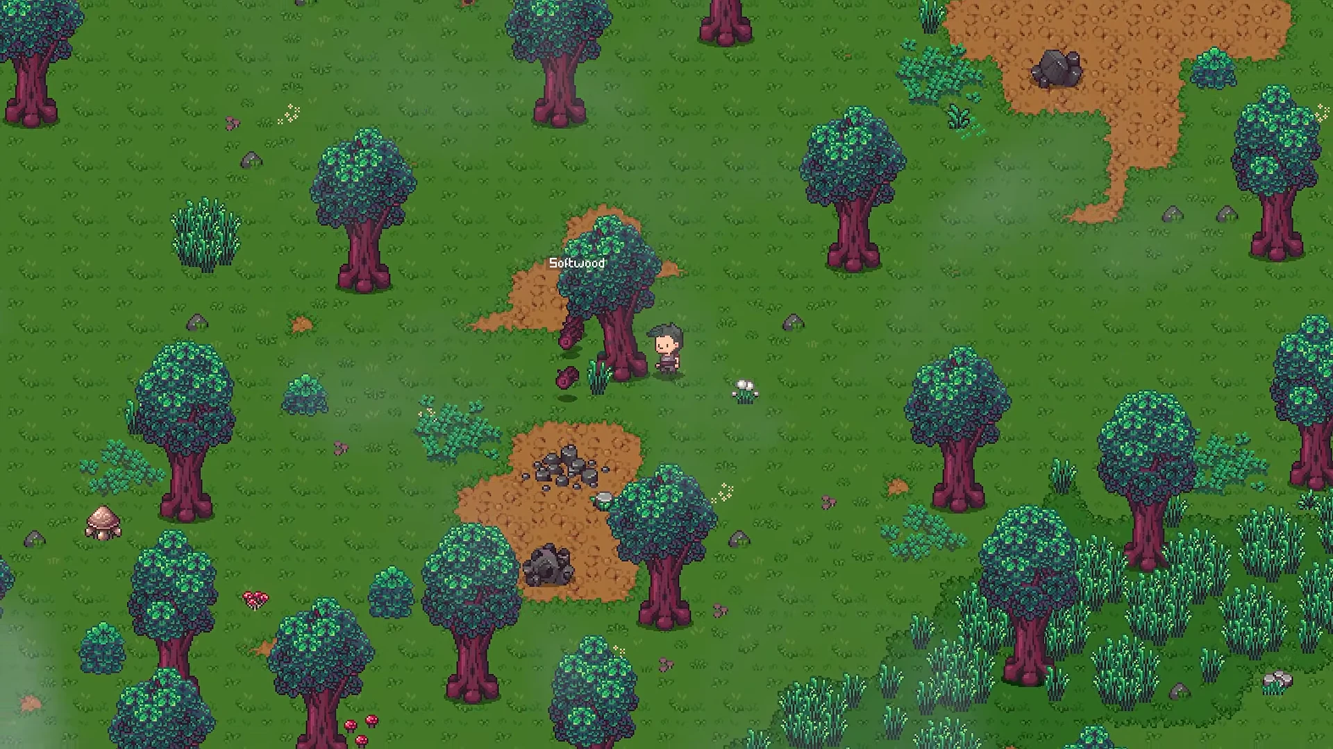 Wide grassy forest clearing with pink-canopied trees, stone boulders, and an exploring adventurer