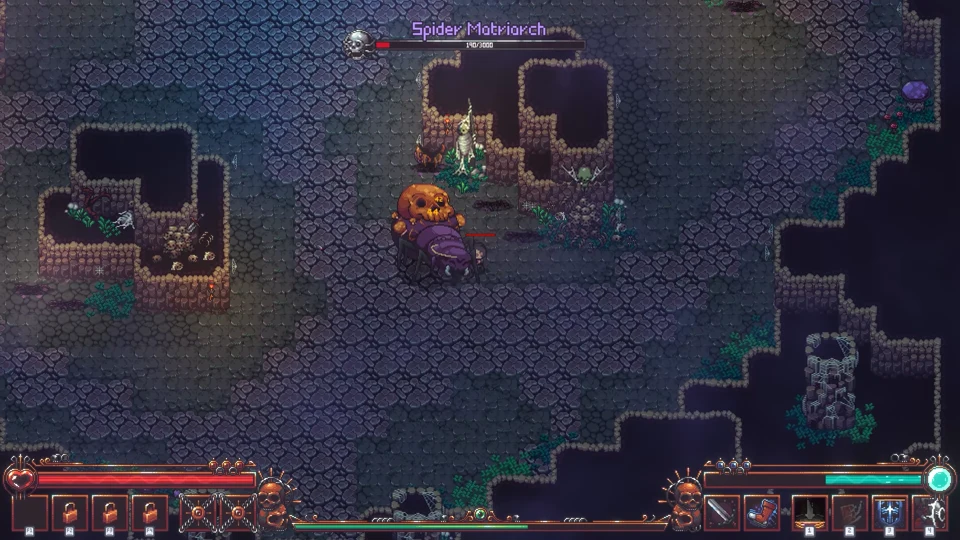 Spider Matriarch boss battle in a web-covered underground cavern with purple egg sacs