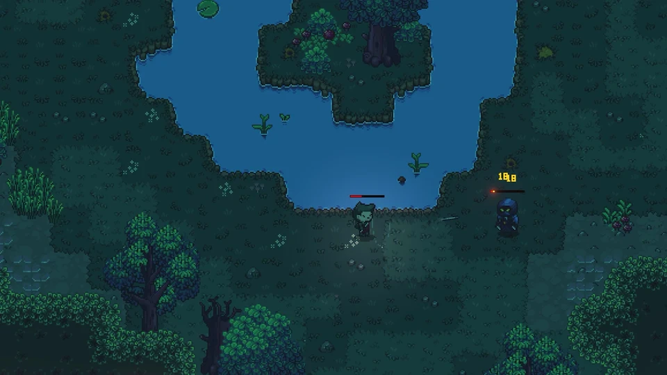 Nighttime wilderness riverbank with evergreen trees and an exploring character
