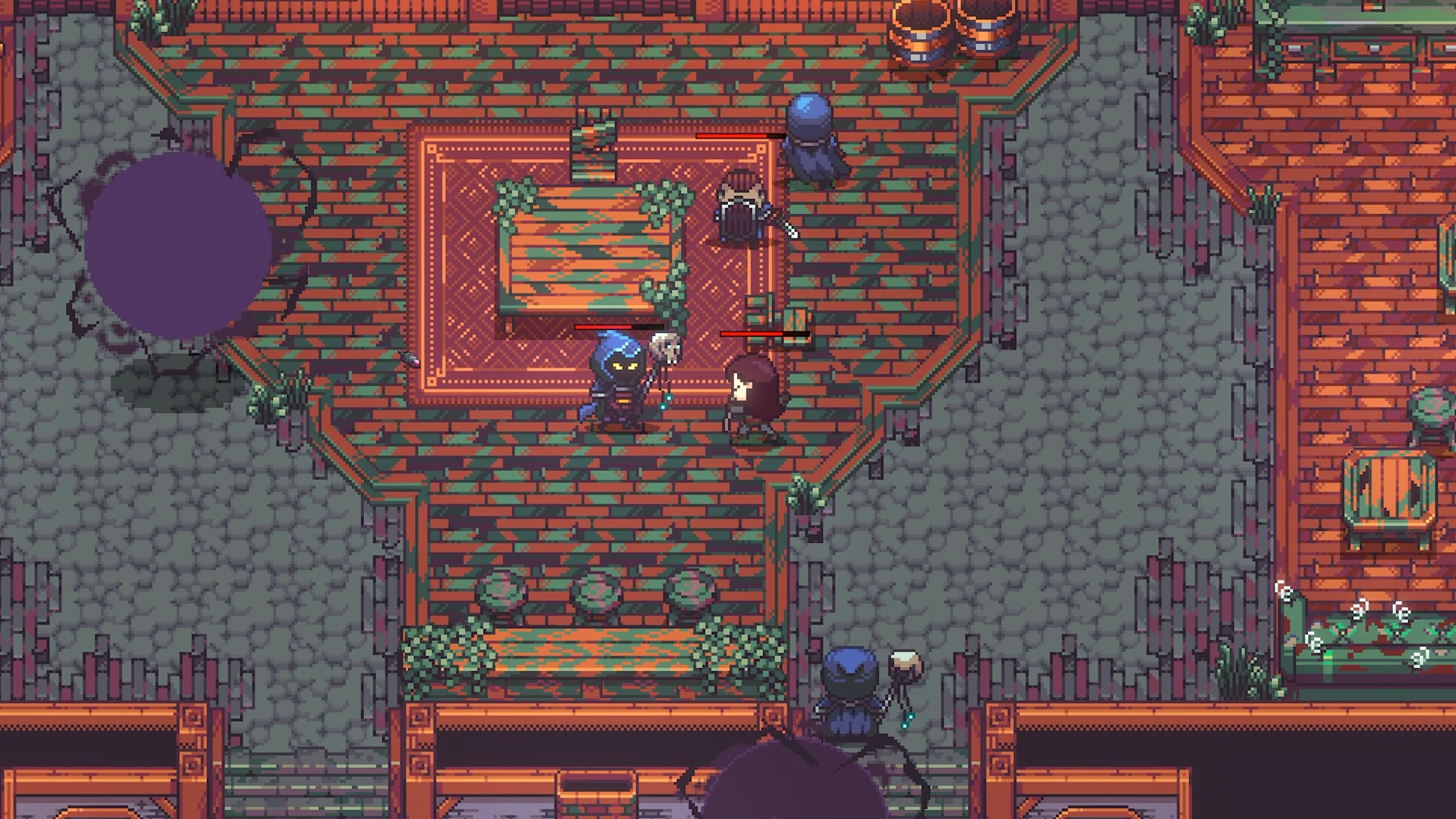 Red-tiled town plaza with decorative carpets, wooden tables, and cloaked characters