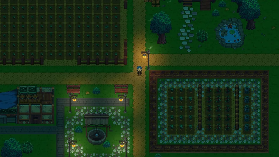 Restored town settlement at night with lit streetlamps, a stone well, and fenced farming plots