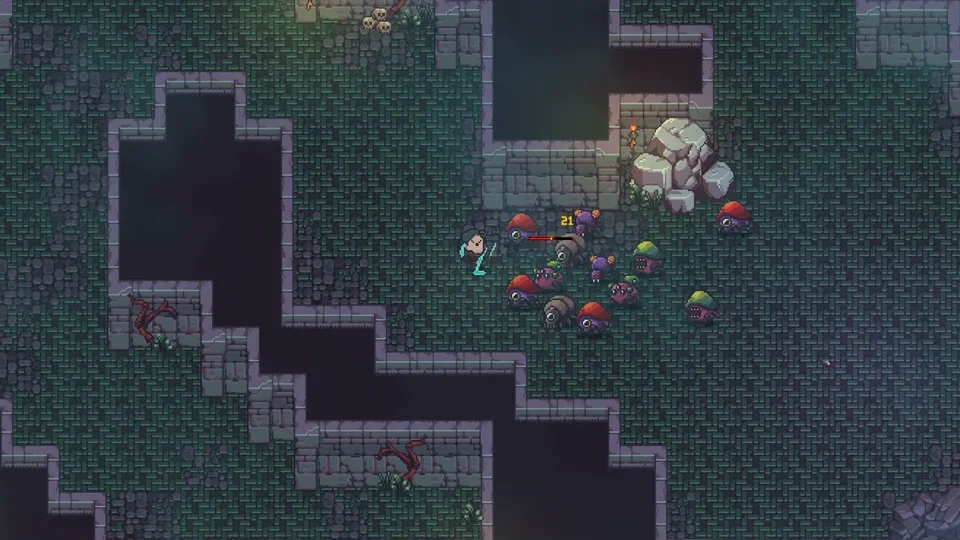 Player fighting a group of mushroom enemies in a dark cave