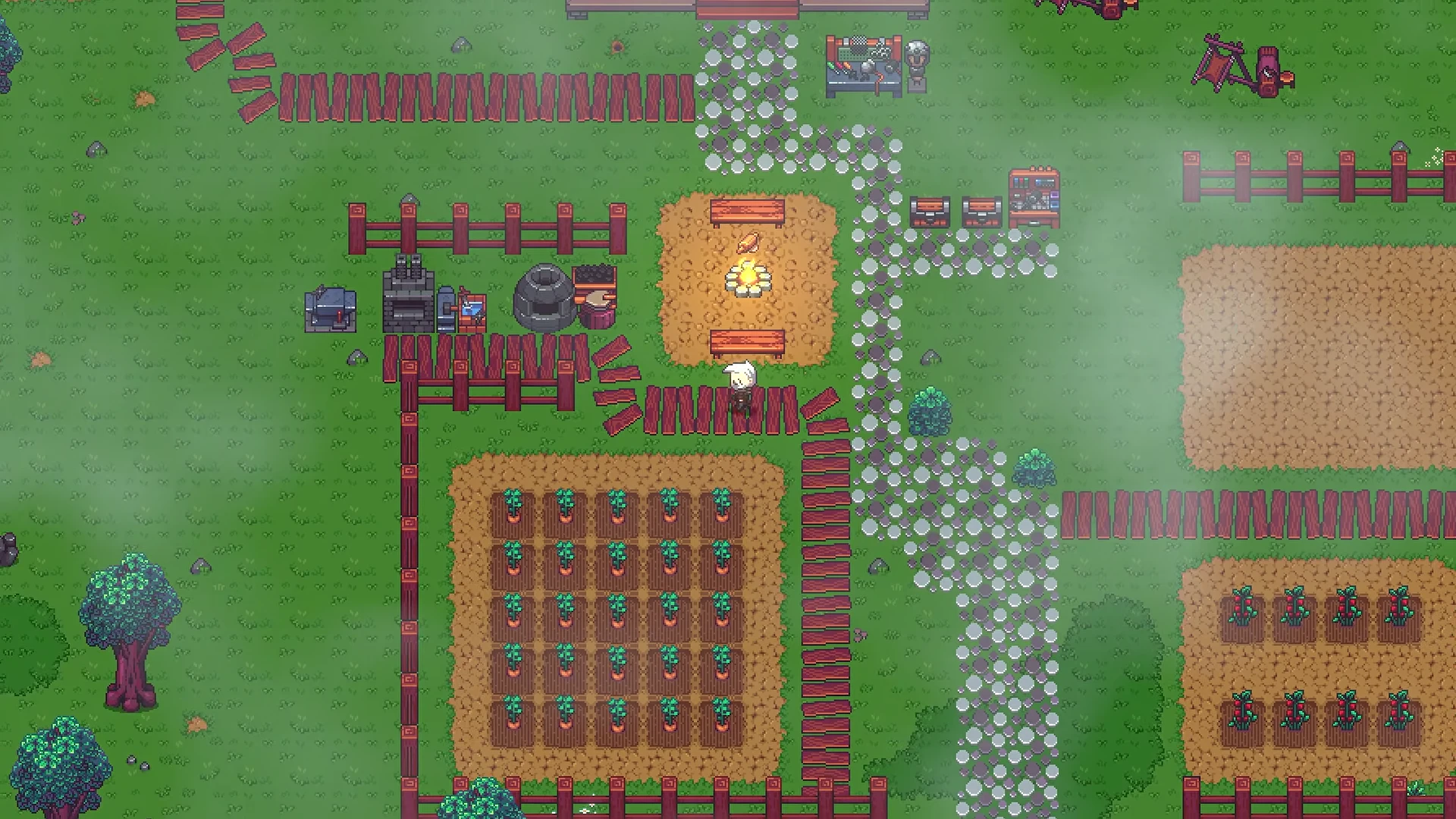 Homestead estate yard with fenced farm plots and wooden pathways
