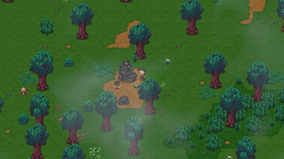 Player character harvesting a stone rock deposit surrounded by green trees and foliage