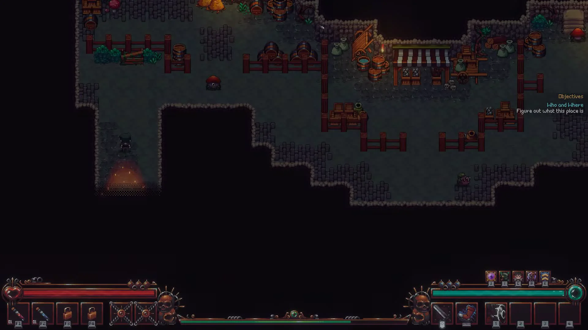 Adventurer exploring an underground courtyard with wooden market stalls and barrels