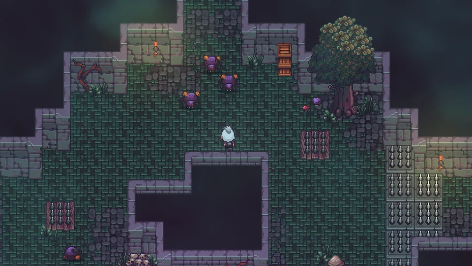 Player character in a grassy ruin with purple spider enemies