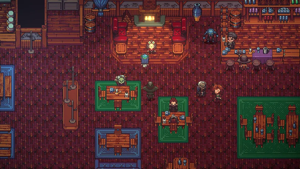 Tavern interior with red carpet, wooden tables and townsfolk
