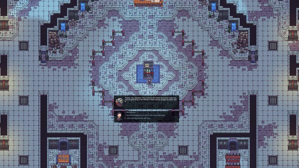 Symmetrical temple sanctuary with blue tiled floor mosaics and an active dialogue box