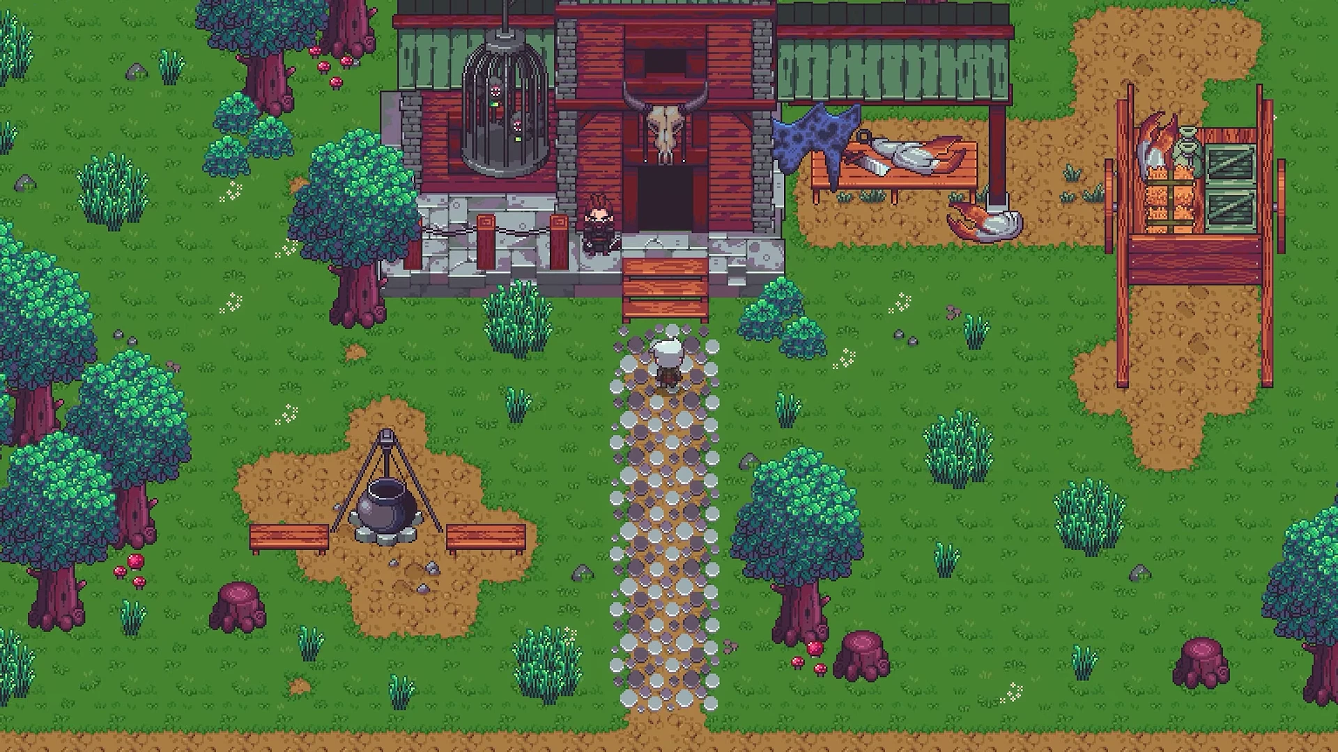 Homestead estate featuring a red-roofed cottage, stone chimney, garden plot, cooking kettle over a campfire, and lush greenery