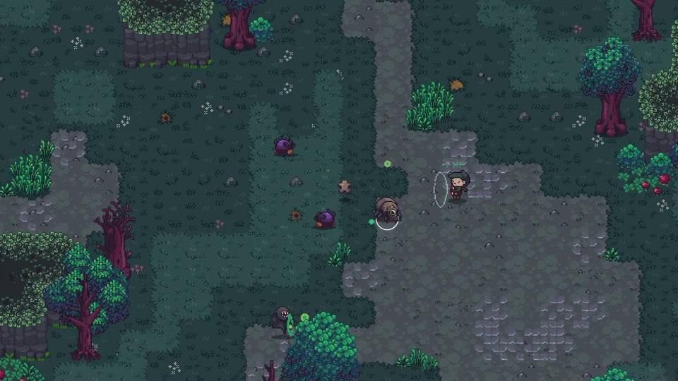 Green-lit stone ruins with mossy pillars and characters fighting in an open courtyard
