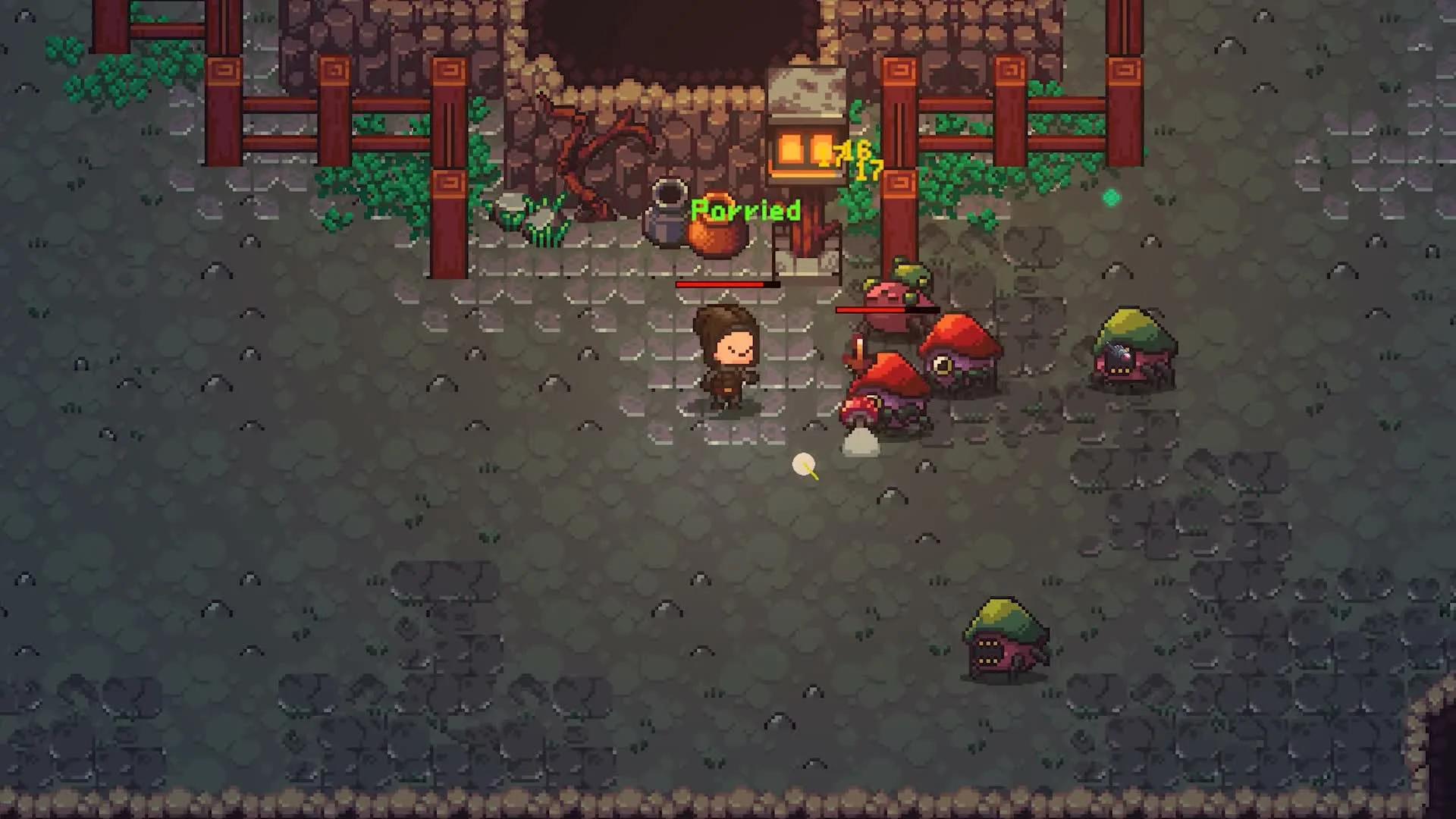 Player fighting mushroom enemies in a stone ruin