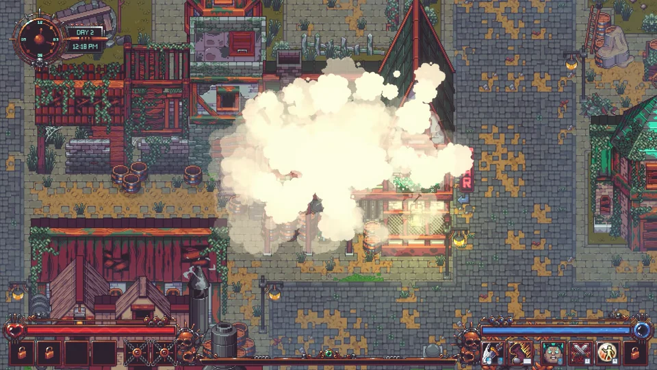 A town building disappearing in a cloud of dust as it is rebuilt