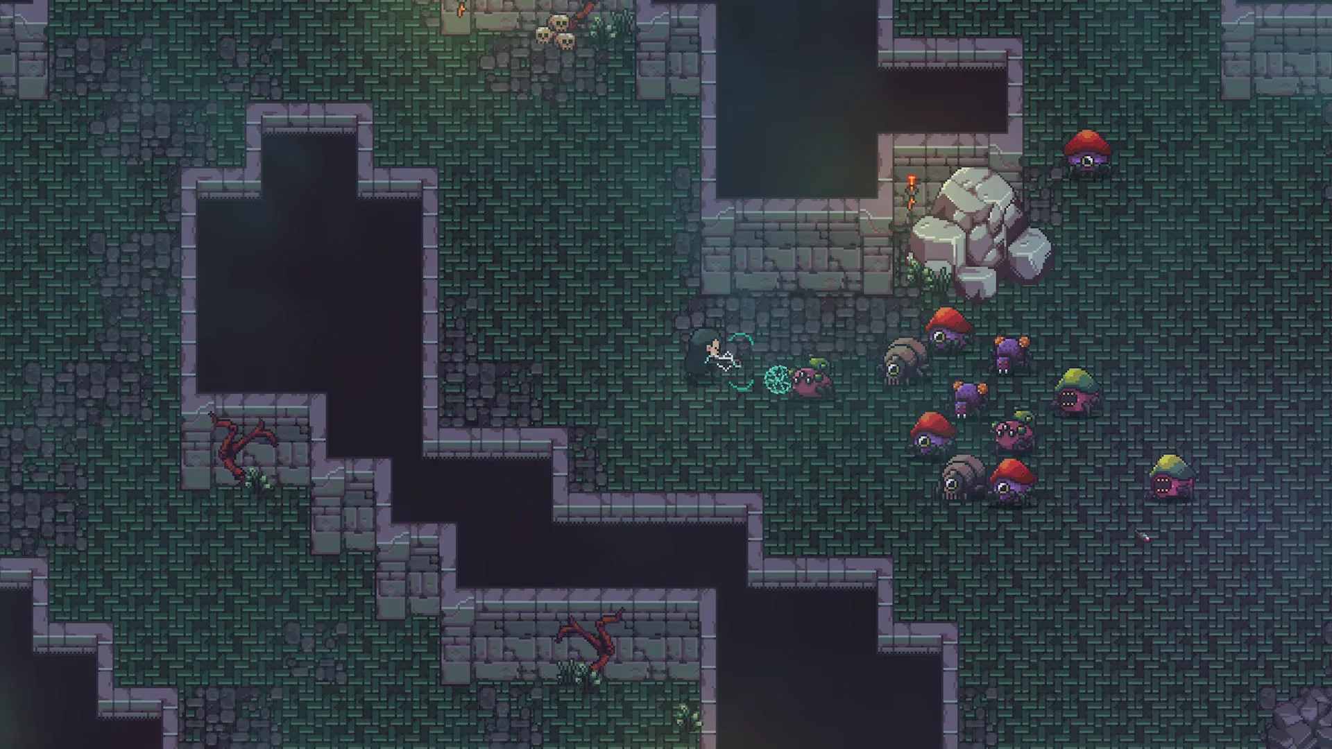 Player fighting a swarm of mushroom enemies in a stone dungeon corridor