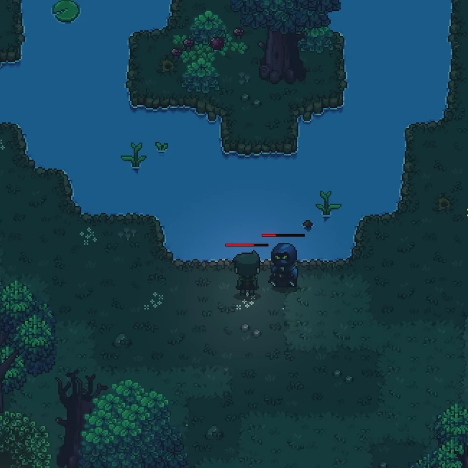 Two adventurer characters standing beside a tranquil water pool at night